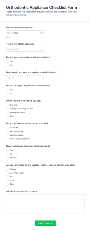 Orthodontic Appliance Checklist Form Template