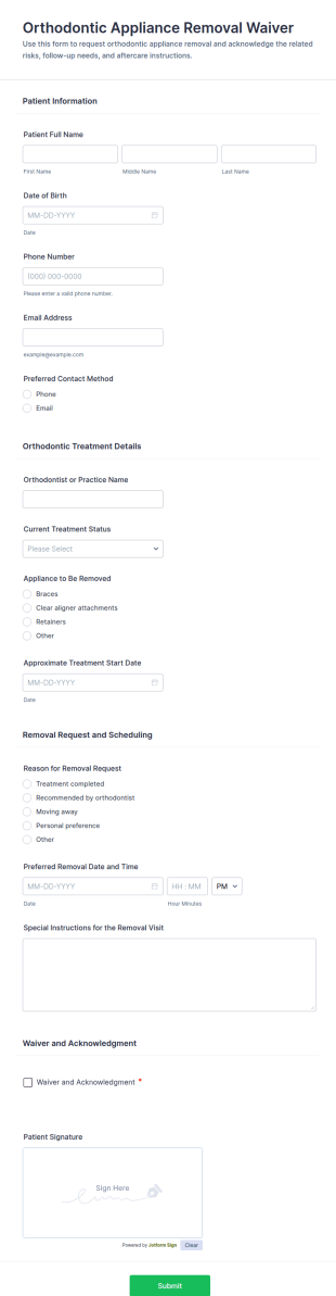 Orthodontic Appliance Removal Waiver Form Template