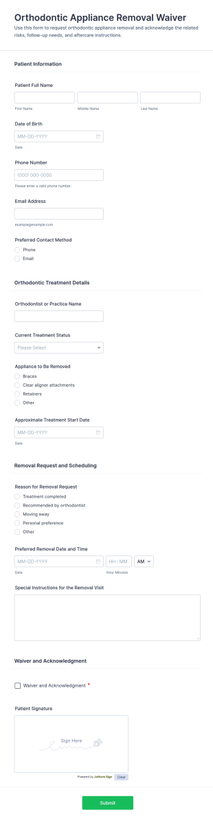 Orthodontic Appliance Removal Waiver Form Template