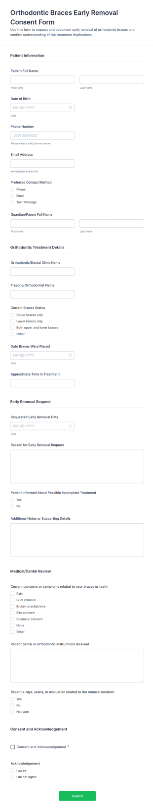 Orthodontic Braces Early Removal Consent Form Template