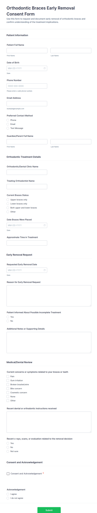 Orthodontic Braces Early Removal Consent Form Template