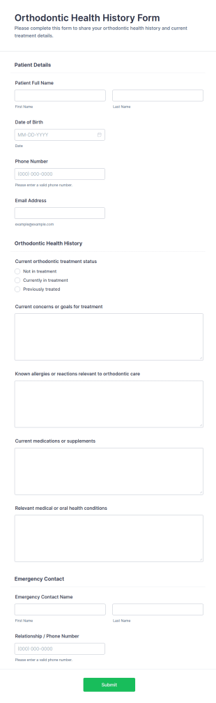Orthodontic Health History Form Template