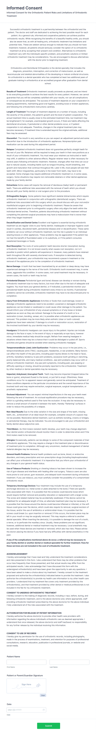 Orthodontic Informed Consent Form Template