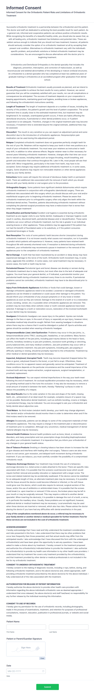 Orthodontic Informed Consent Form Template
