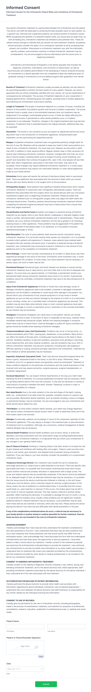 Orthodontic Informed Consent Form Template