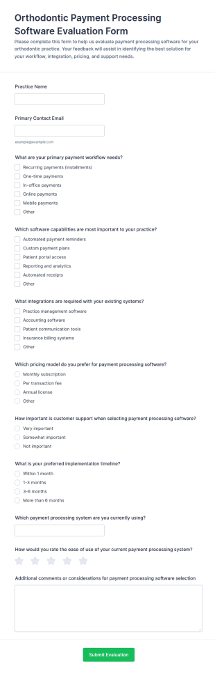 Orthodontic Payment Processing Software Evaluation Form Template