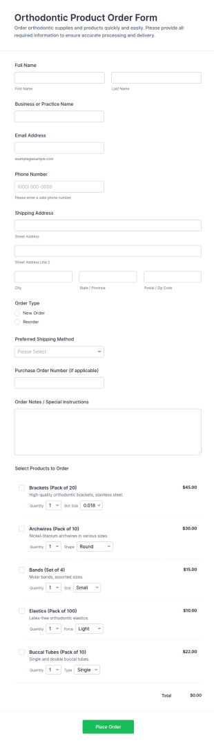 Orthodontic Product Order Form Template
