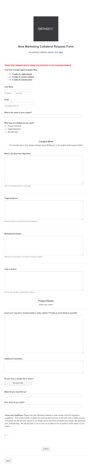 OrthoFX New Marketing Collateral Request Form Template