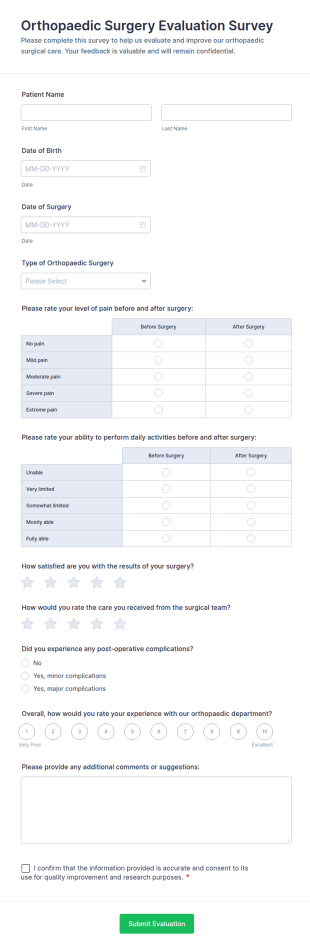 Orthopaedic Surgery Evaluation Survey Form Template