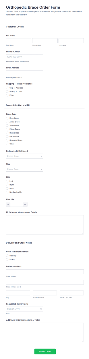 Orthopedic Brace Order Form Template