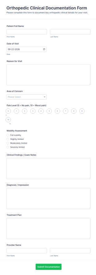 Orthopedic Clinical Documentation Form Template