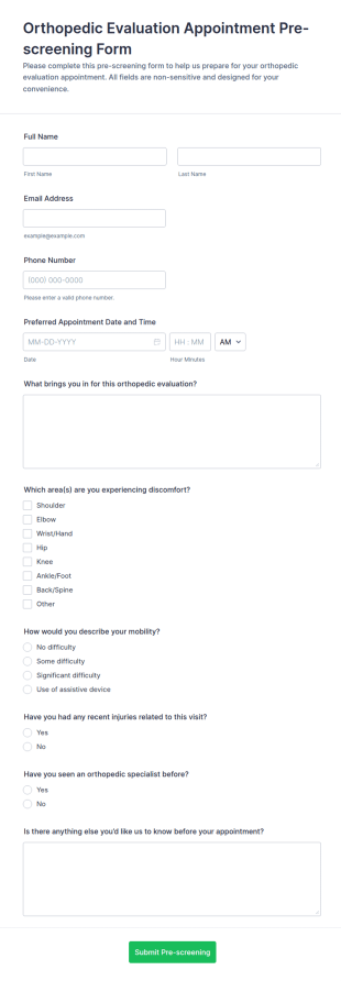Orthopedic Evaluation Appointment Pre Screening Form Template