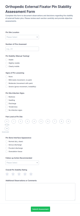 Orthopedic External Fixator Pin Stability Assessment Form Template
