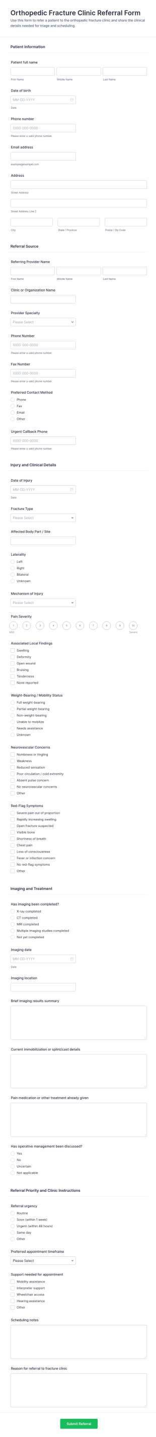 Orthopedic Fracture Clinic Referral Form Template