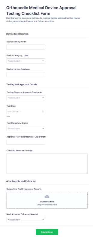 Orthopedic Medical Device Approval Testing Checklist Form Template