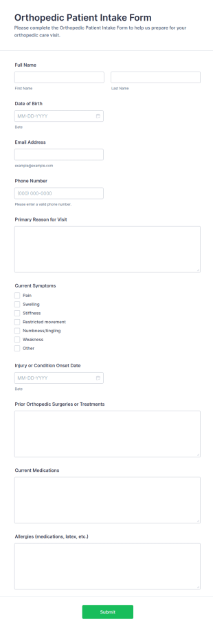 Orthopedic Patient Intake Questionnaire Form Template