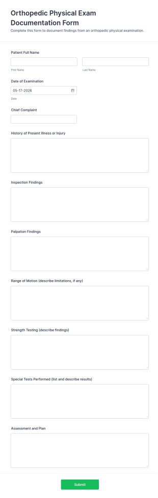 Orthopedic Physical Exam Documentation Form Template