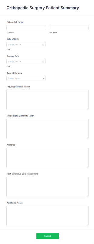 Orthopedic Surgery Patient Summary Form Template