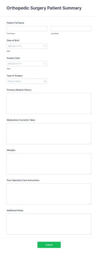 Orthopedic Surgery Patient Summary Form Template