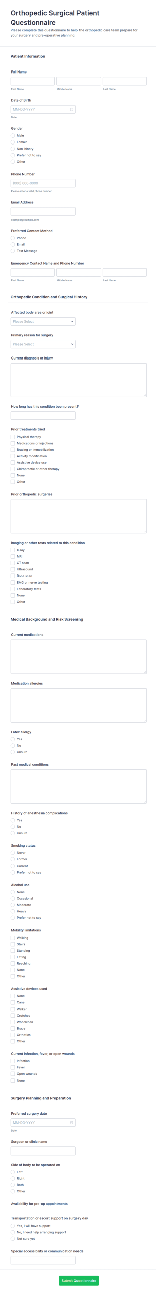 Orthopedic Surgical Patient Questionnaire Form Template