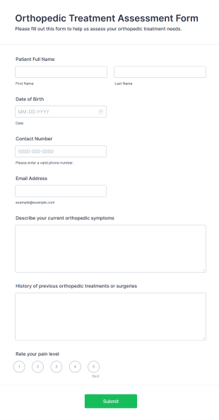 Orthopedic Treatment Assessment Form Form Template