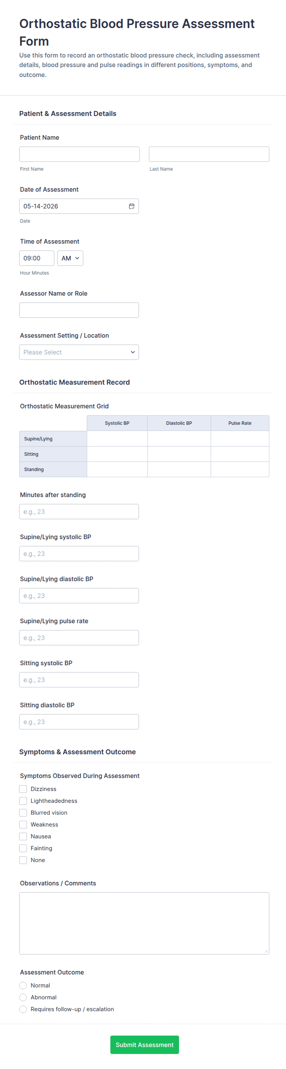 Orthostatic Blood Pressure Assessment Form Template | Jotform