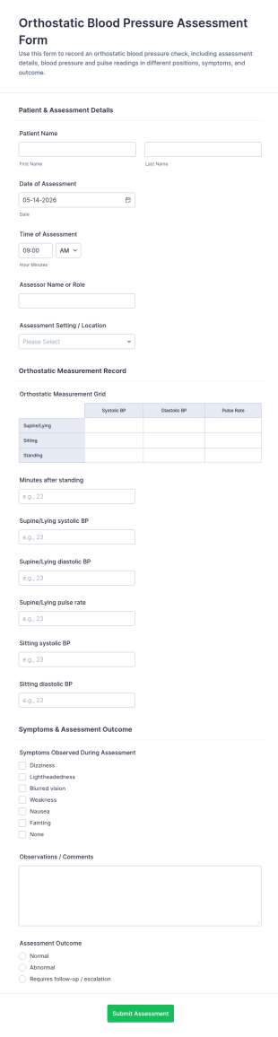 Orthostatic Blood Pressure Assessment Form Template