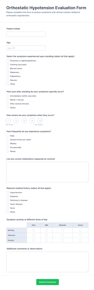 Orthostatic Hypotension Evaluation Form Template