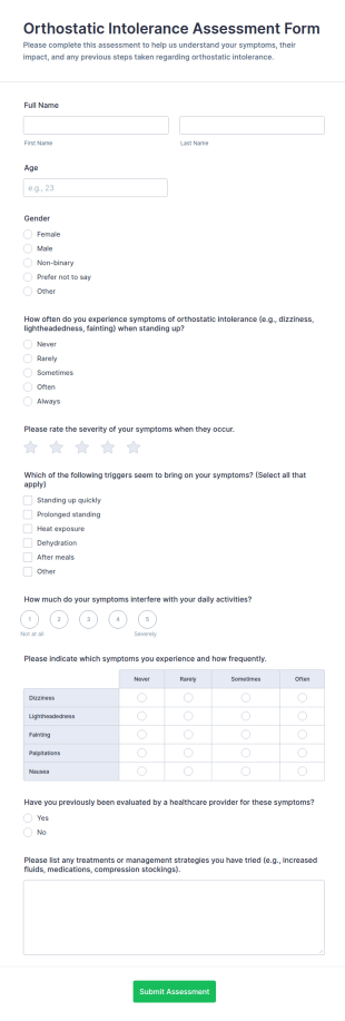 Orthostatic Intolerance Assessment Form Template
