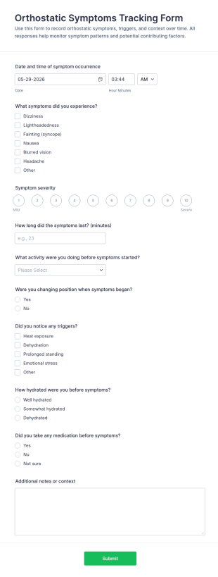 Orthostatic Symptoms Tracking Form Template