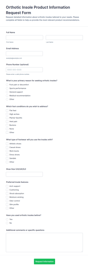 Orthotic Insole Product Information Request Form Template