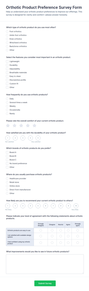 Orthotic Product Preference Survey Form Template