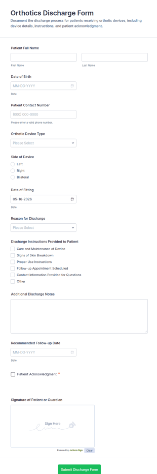 Orthotics Discharge Form Template
