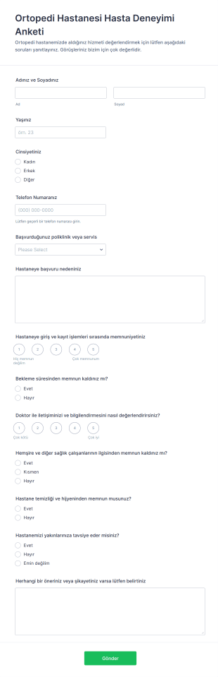Ortopedi Hastanesi Hasta Deneyimi Anketi Form Şablonu