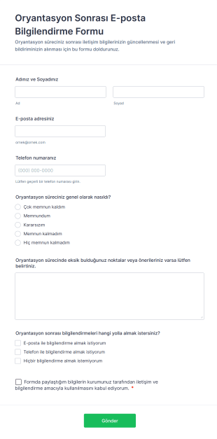 Oryantasyon Sonrası E Posta Bilgilendirme Form Template