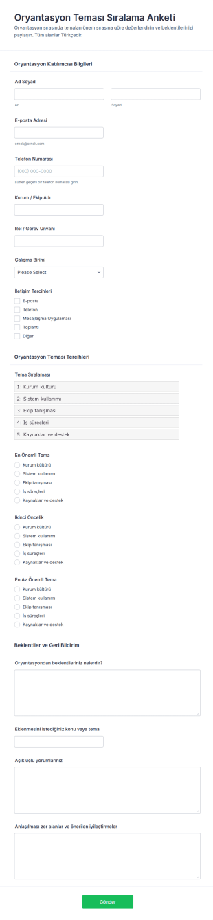 Oryantasyon Tema Sıralama Anketi Form Şablonu