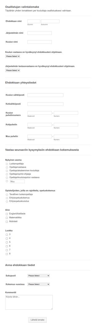 Osallistujan Valintalomake