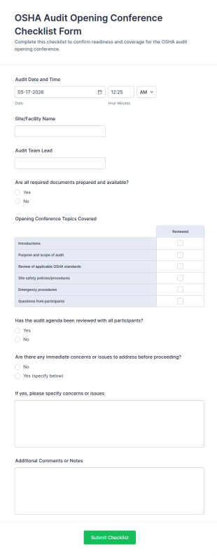 OSHA Audit Opening Conference Checklist Form Template