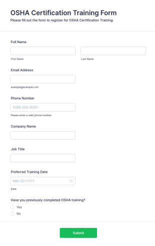 OSHA Certification Training Form Template
