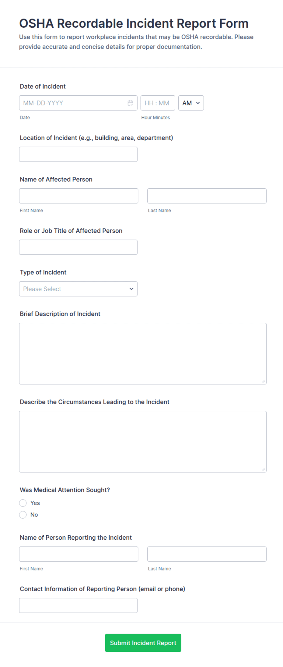 OSHA Recordable Incident Report Form Template | Jotform