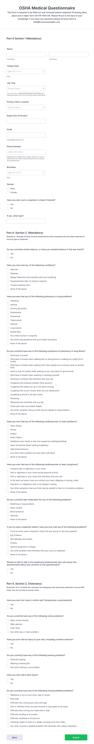 Respirator Medical Evaluation Questionnaire Form Template