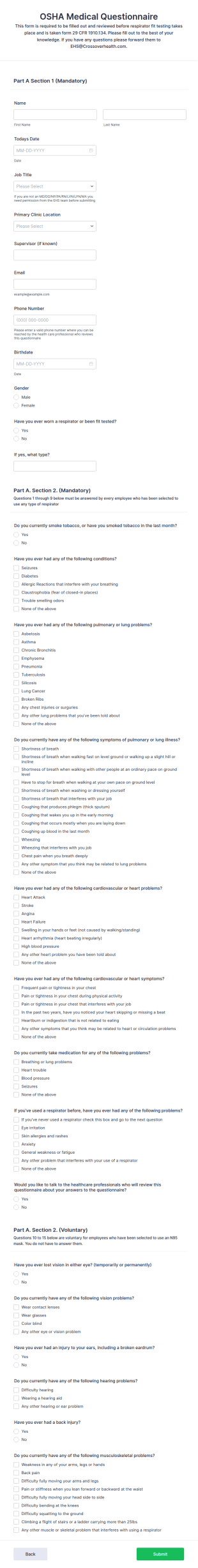 Respirator Medical Evaluation Questionnaire Form Template