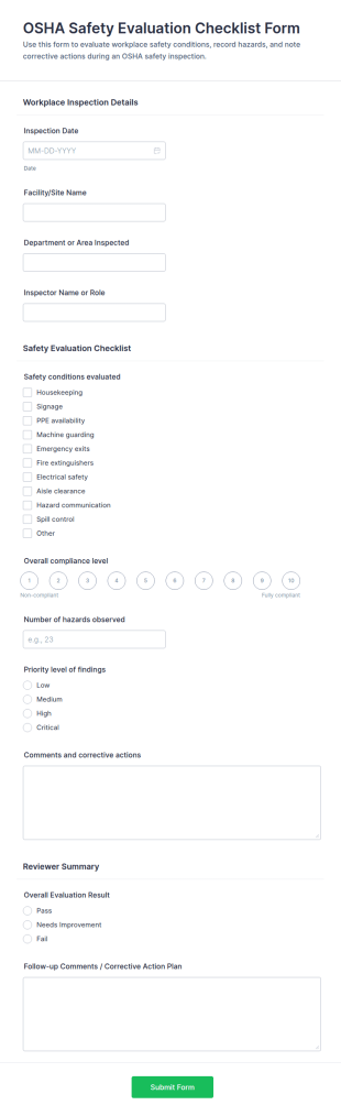 OSHA Safety Evaluation Checklist Form Template