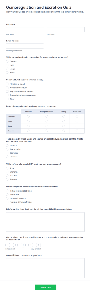 Osmoregulation And Excretion Quiz Form Template