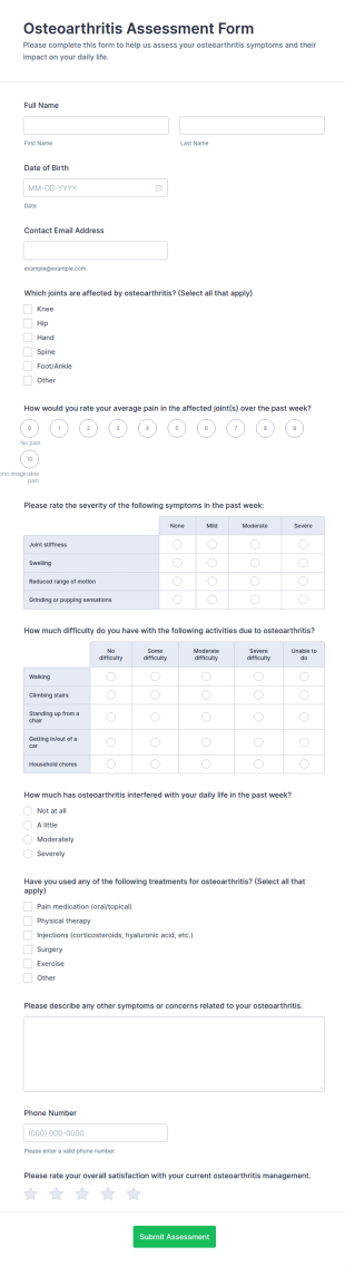 Osteoarthritis Assessment Form Template