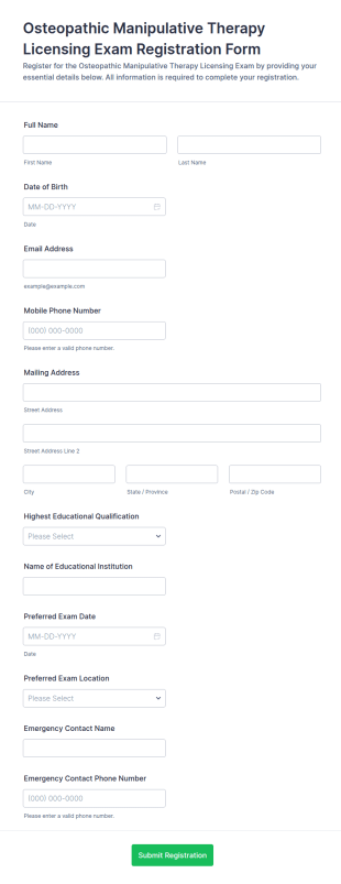 Osteopathic Manipulative Therapy Licensing Exam Registration Form Template