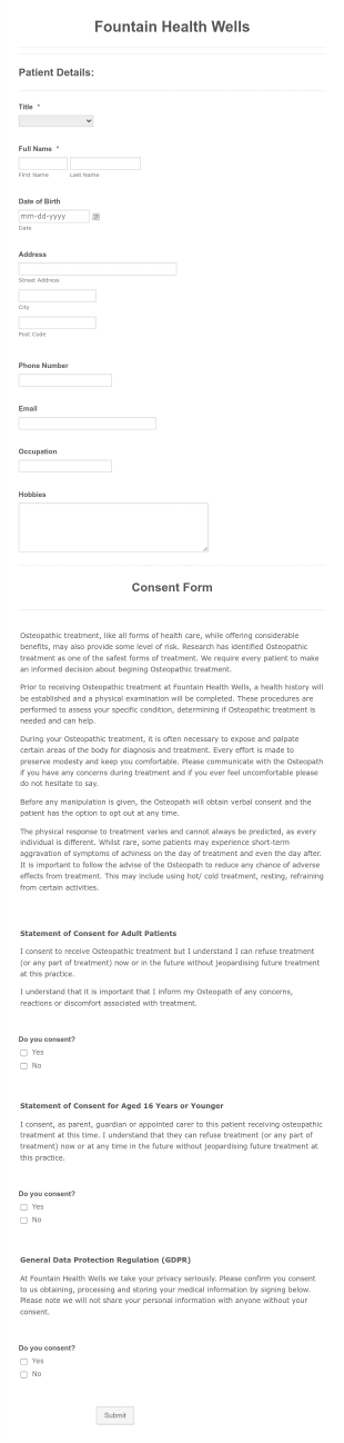 Osteopathic Treatment Consent Form Template
