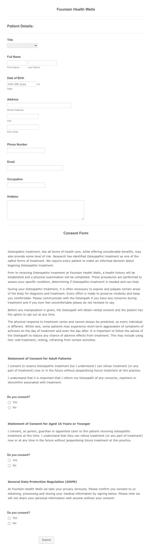 Osteopathic Treatment Consent Form Template