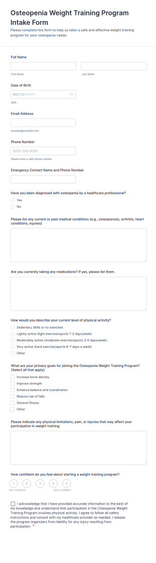 Osteopenia Weight Training Program Intake Form Template