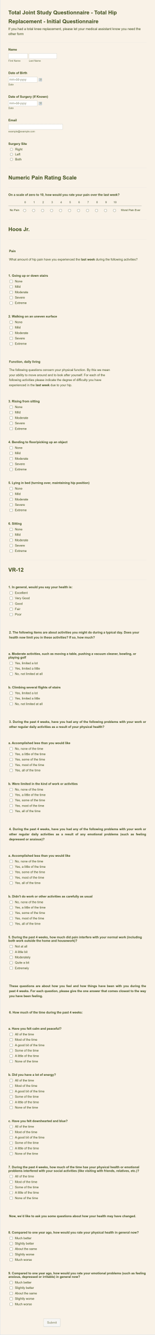 Otal Joint Study Total Hip Replacement Initial Questionnaire Form Template